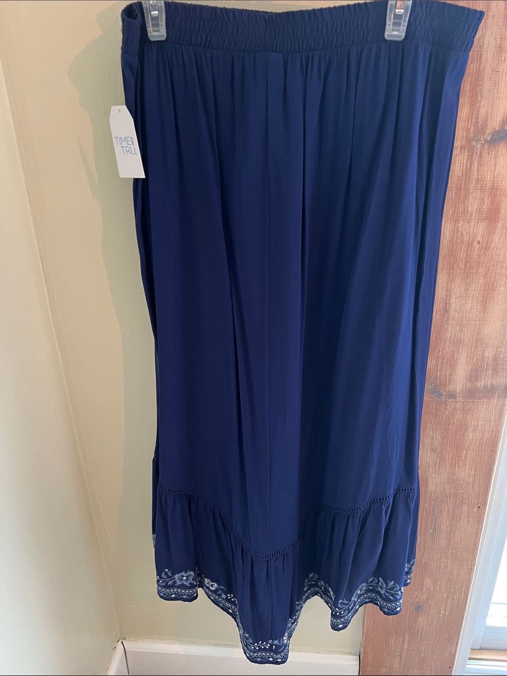 Time and Tru Navy Maxi Skirt with White and Blue Floral Embroidered Hem - Picture 6 of 14